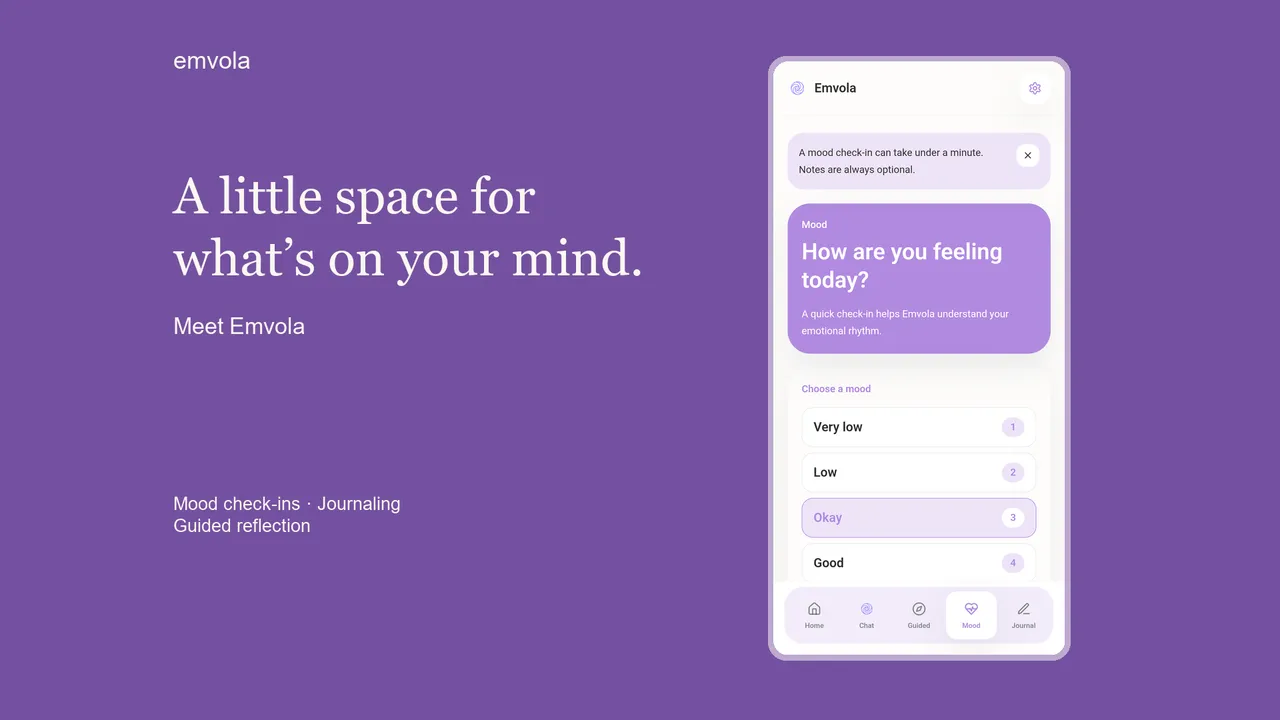 emvola introduction with a mood check-in app screen