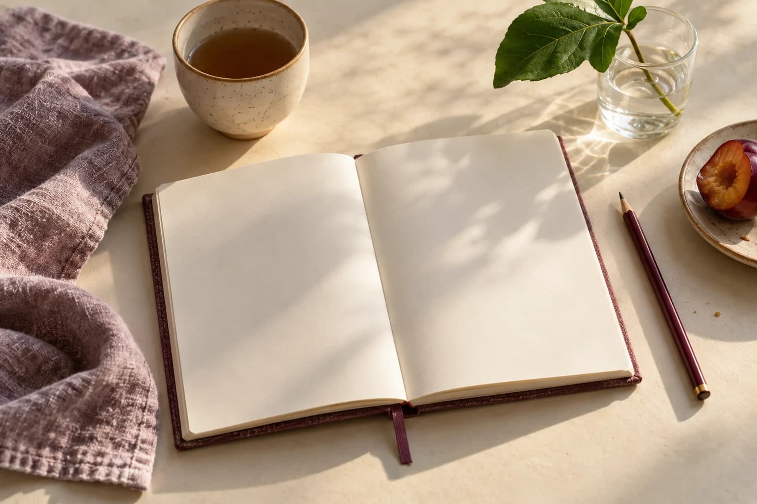 An open blank journal beside a plum pencil, ceramic cup, green leaf and halved plum in warm afternoon light.