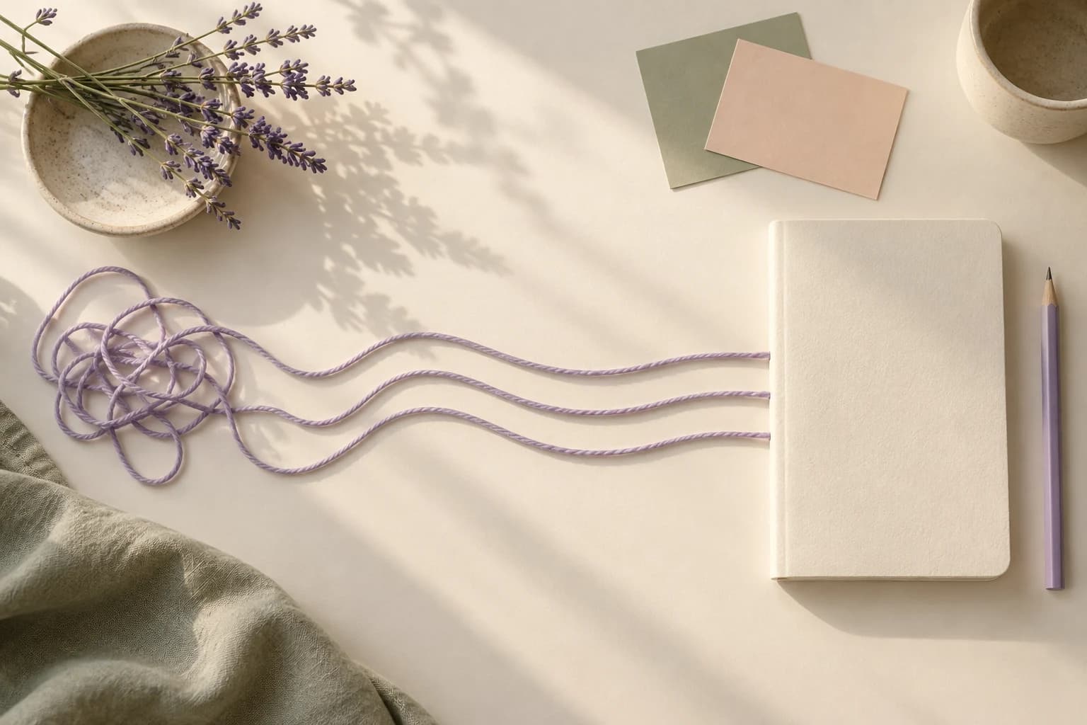 Lavender thread moves from a loose tangle into three calm lines beside a blank notebook on an ivory desk.