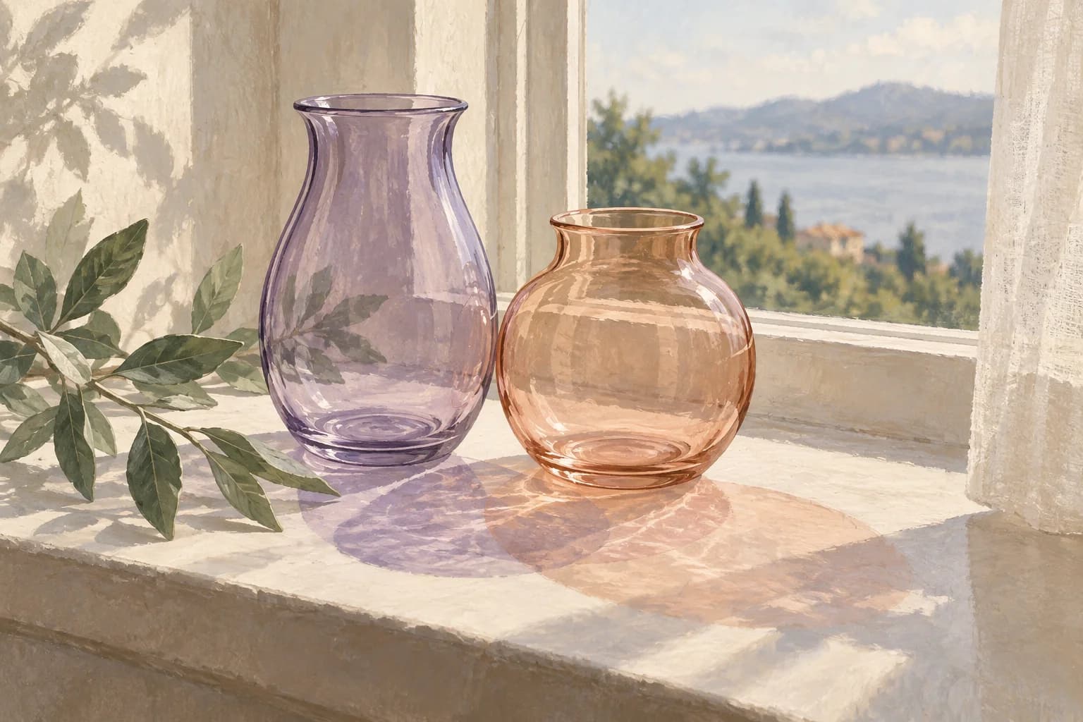 Lavender and peach glass vessels cast overlapping coloured shadows on an ivory windowsill beside a leafy branch.