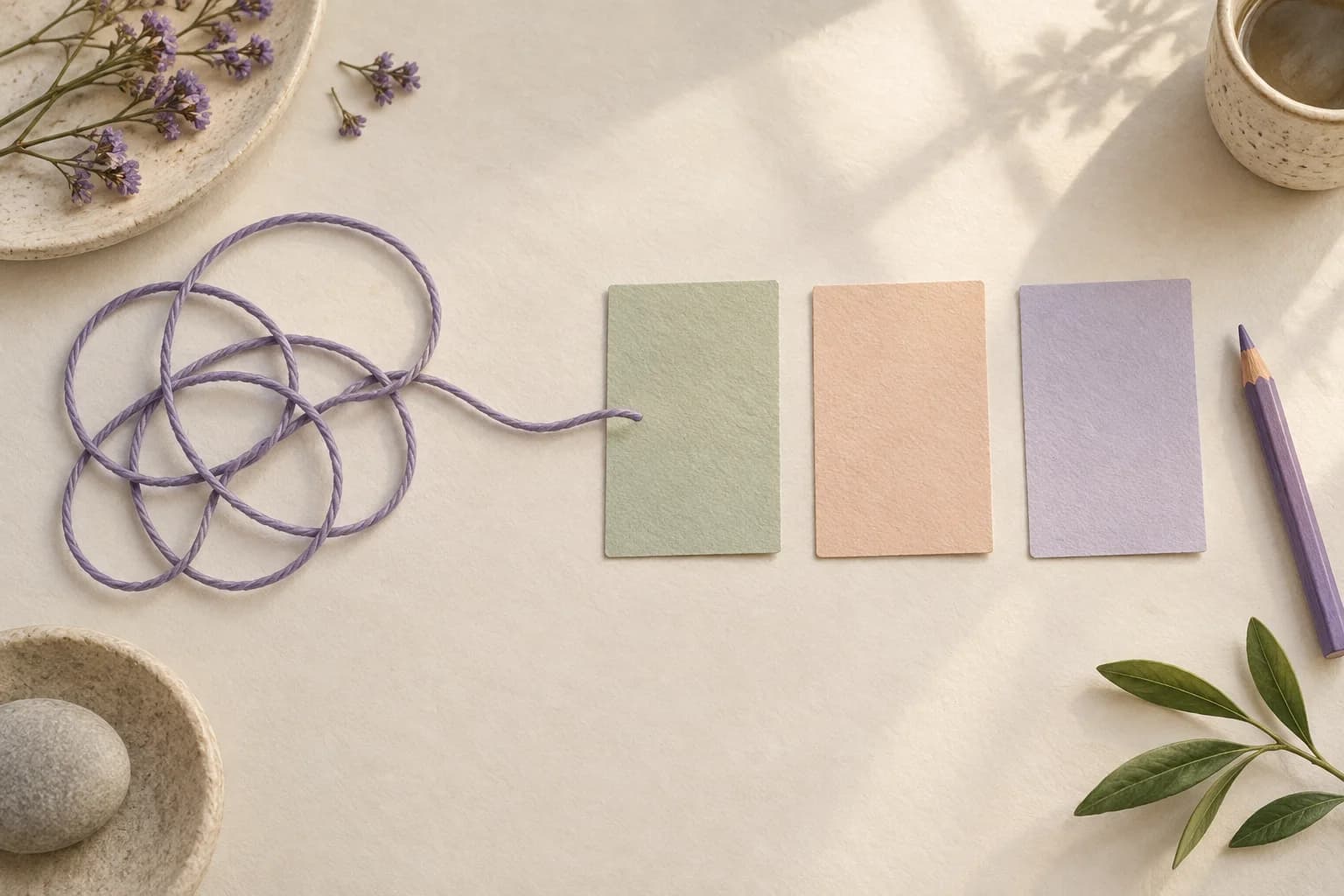 Loose lavender thread loops beside three blank coloured cards and a purple pencil on an ivory table.