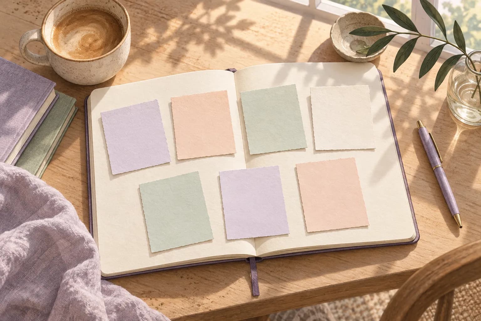 Seven lavender, peach, sage and ivory cards on an open notebook beside a pen in warm window light.