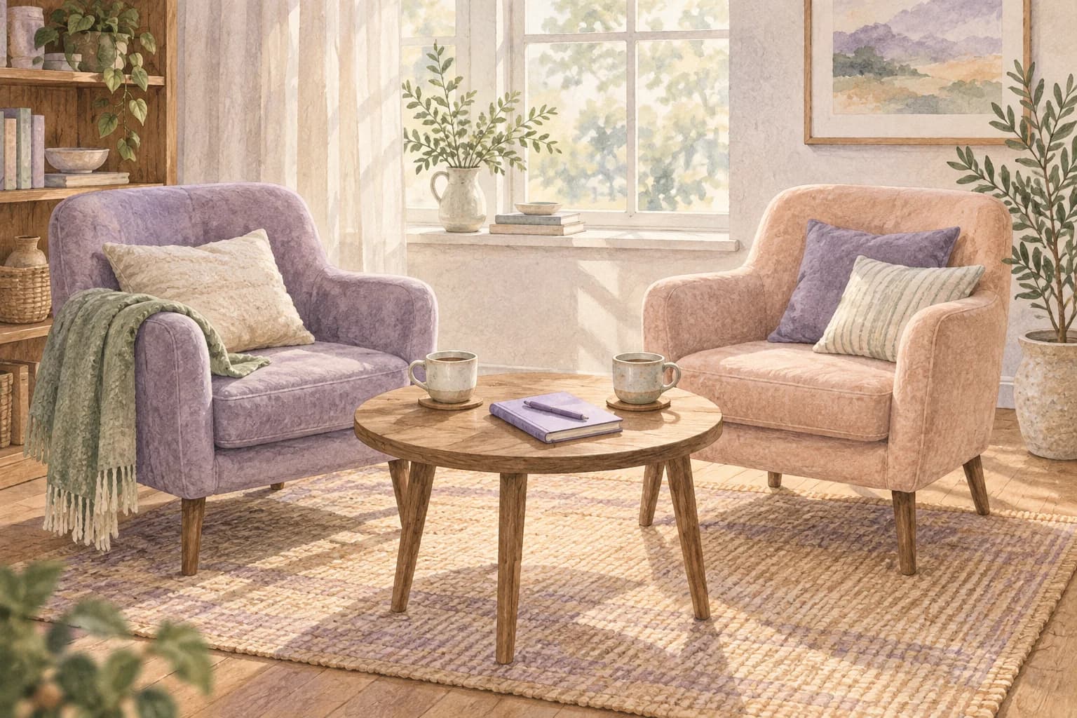 Two chairs beside a small round table with a notebook and two cups in a softly lit room.