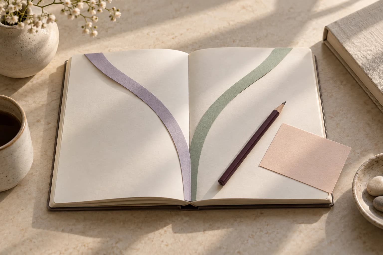 Lavender and sage paper paths diverge across an open blank notebook beside a plum pencil in warm light.