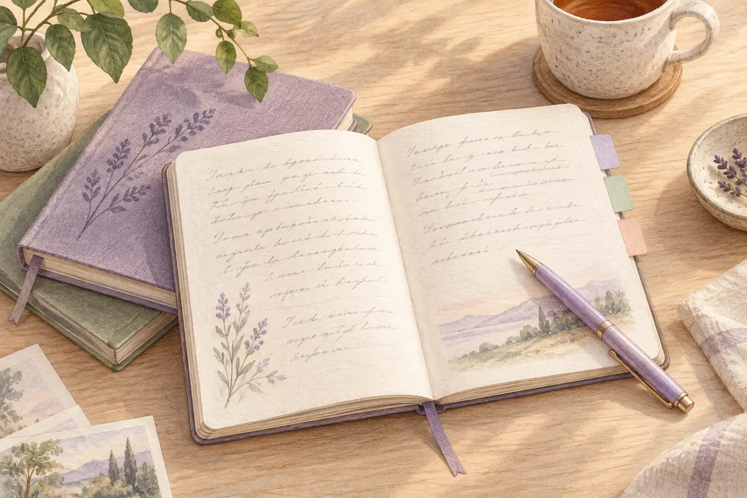 An open journal with lavender, sage and peach page tabs beside stacked notebooks and a purple pen.