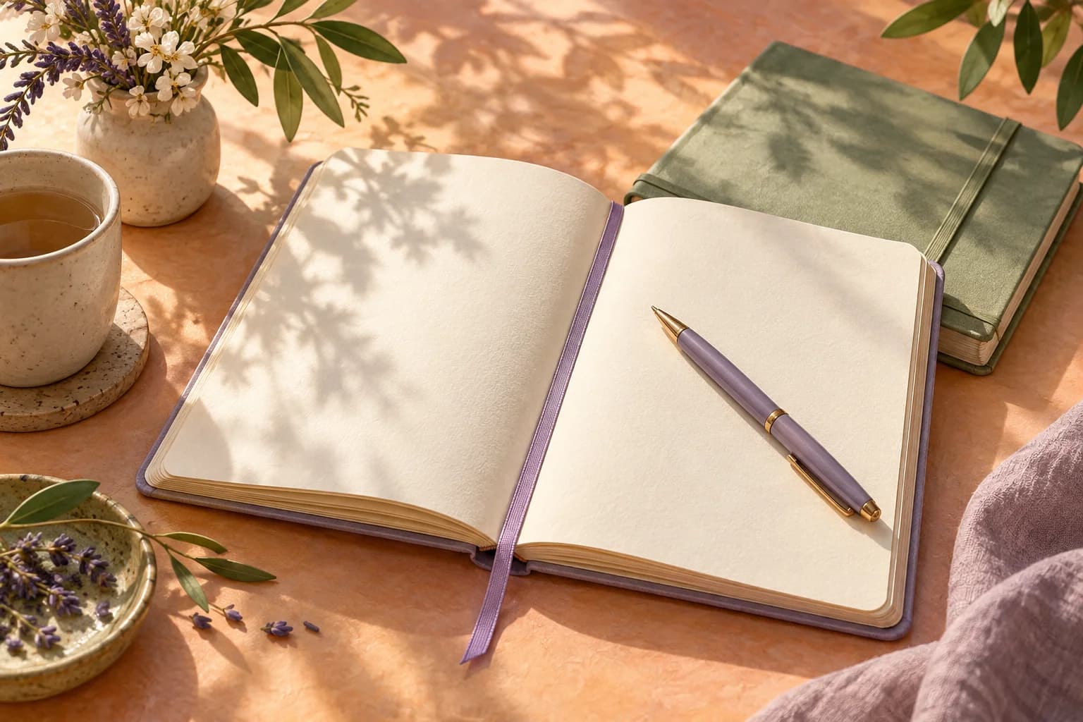 An open notebook with a lavender bookmark and purple pen beside an older sage journal in soft morning light.