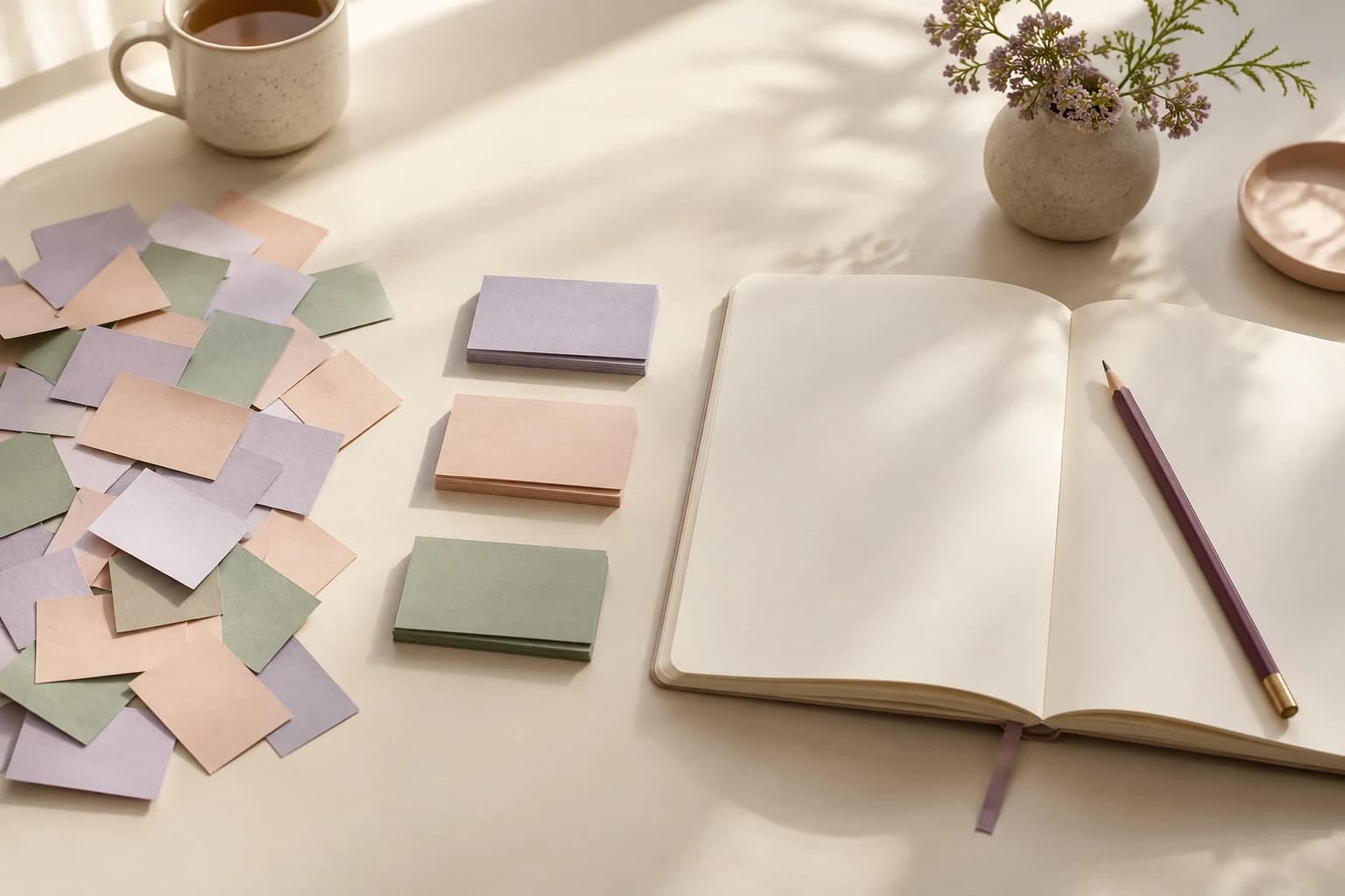 Loose lavender, peach and sage paper slips become three neat groups beside an open blank journal.
