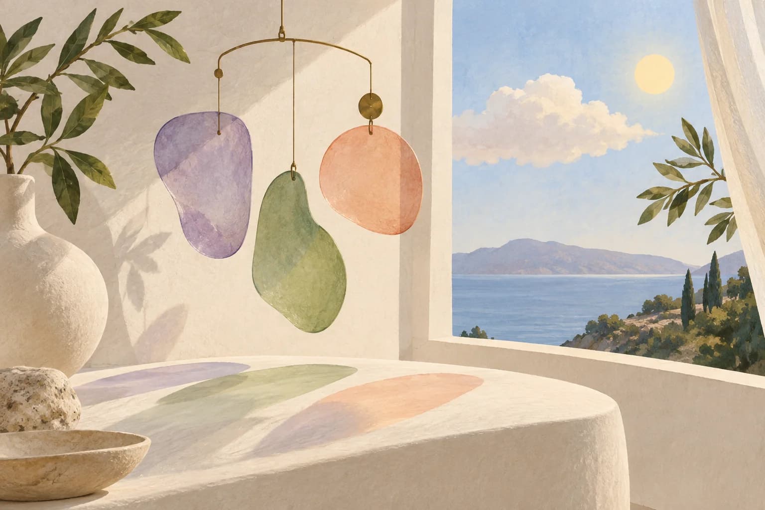 Lavender, peach and sage shapes hang by a sunlit window, casting overlapping shadows beneath a partly cloudy sky.