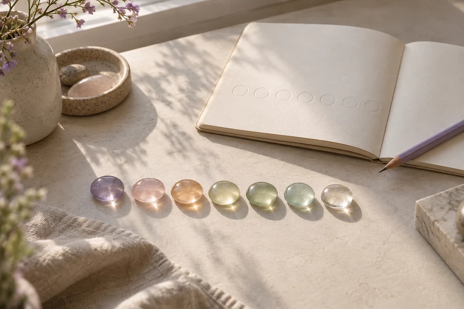 Seven translucent lavender, peach, sage and clear glass pebbles beside an open notebook in morning light.