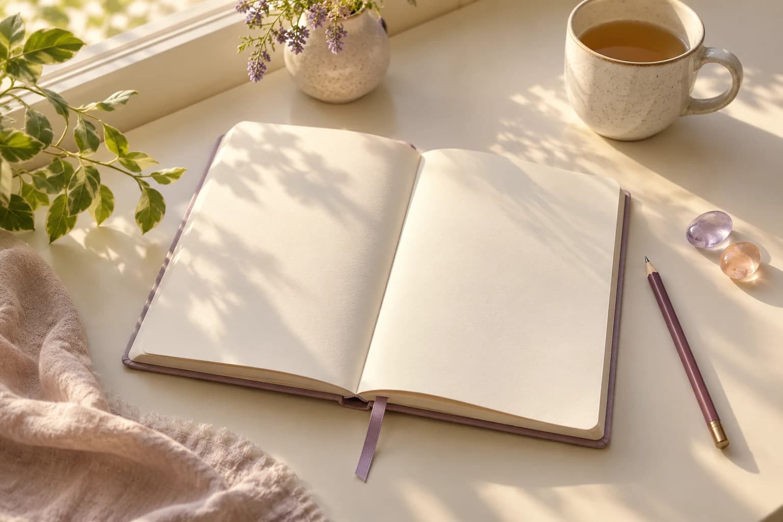 An open blank journal, plum pencil, ceramic cup and two glass pebbles on an ivory desk in morning light.