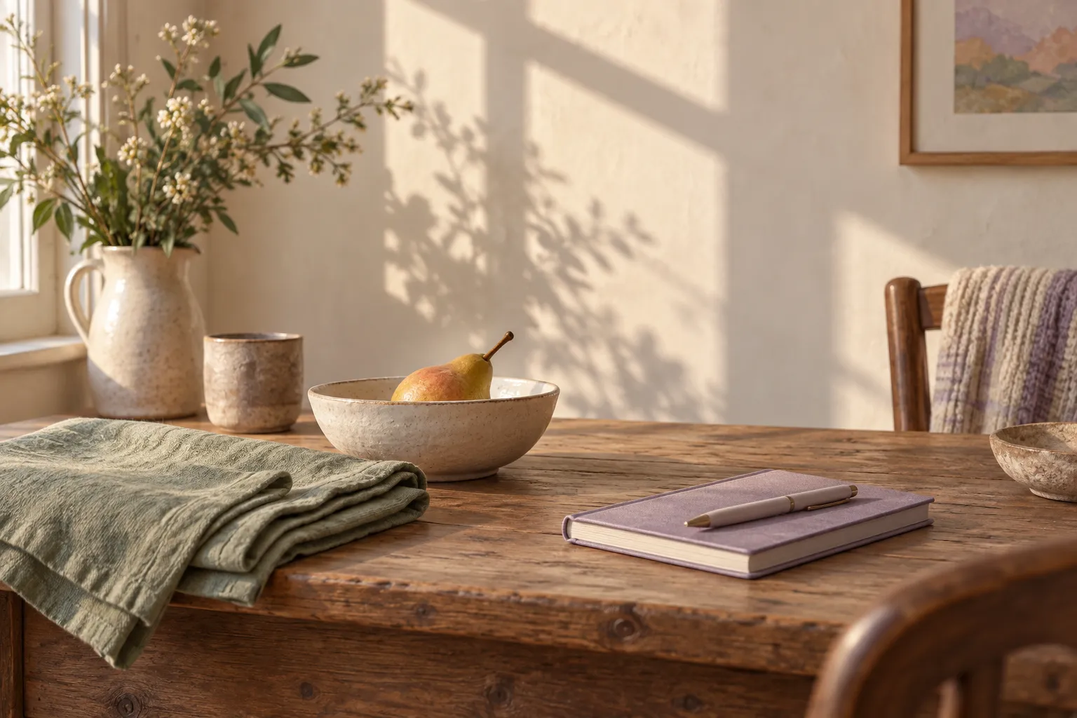 A lavender notebook and pen beside folded sage linen and a bowl with a pear, in soft afternoon light.